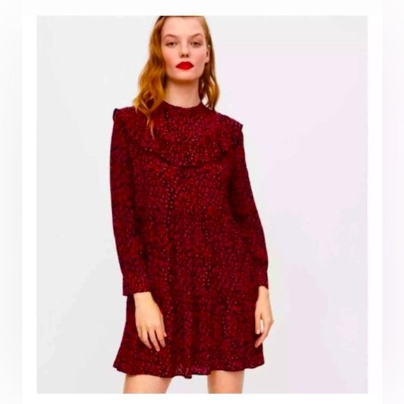 Zara dark Red‎ Animal Print Tiered Ruffle Babydoll dress XS coquette lolita - Picture 3 of 16
